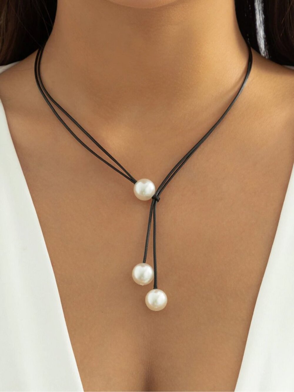 NWT Faux Pearl Black Waxed Cotton Lariat Necklace